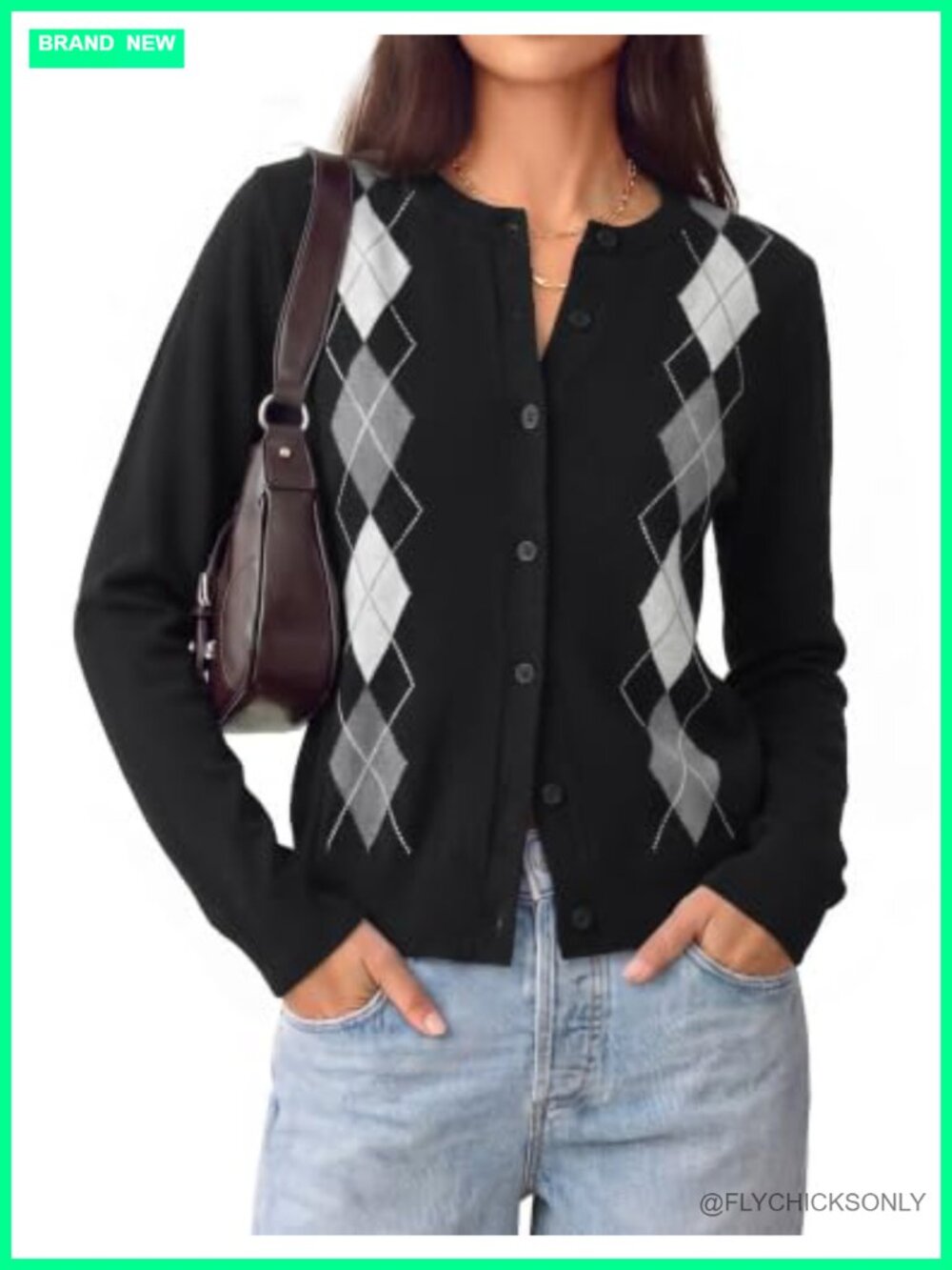 Women's Argyle Cardigan Sweater Crewneck Knit Button Up Fall Preppy